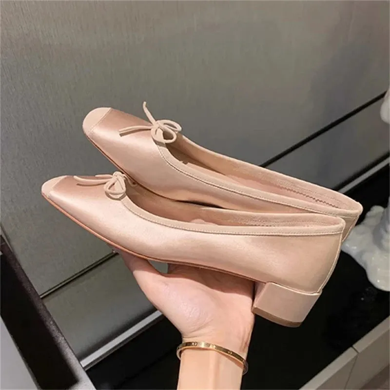 ADVBRIDGE  Fashion Design Silk Ballerinas Women Pumps Slip on Loafers Round Toe Square Heels Bowknot Casual Spring Autumn Shoes