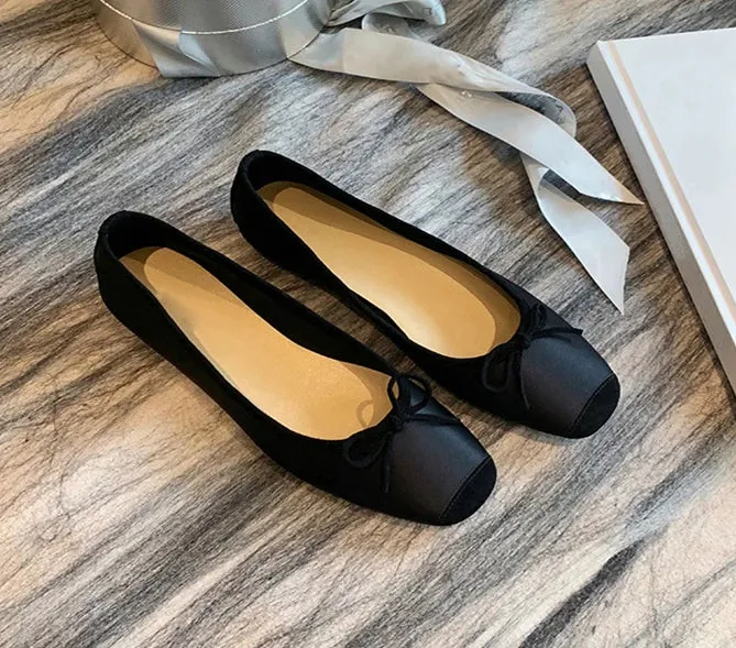 ADVBRIDGE  Fashion Design Silk Ballerinas Women Pumps Slip on Loafers Round Toe Square Heels Bowknot Casual Spring Autumn Shoes