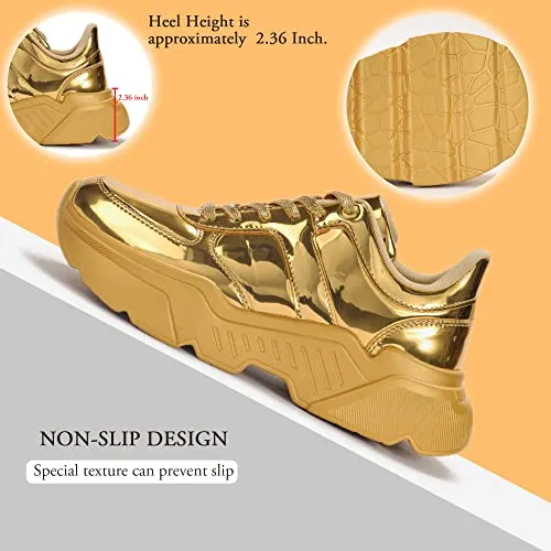 BELOS Women's Platform Chunky Sneakers Fashion Dad Sneakers Casual Lace Up Comfortable Lightweigt Walking Shoes(Gold,10 B(M) US)