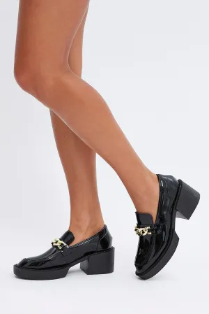 Black Chain Detail Chunky Mid-Heeled Loafers In Patent