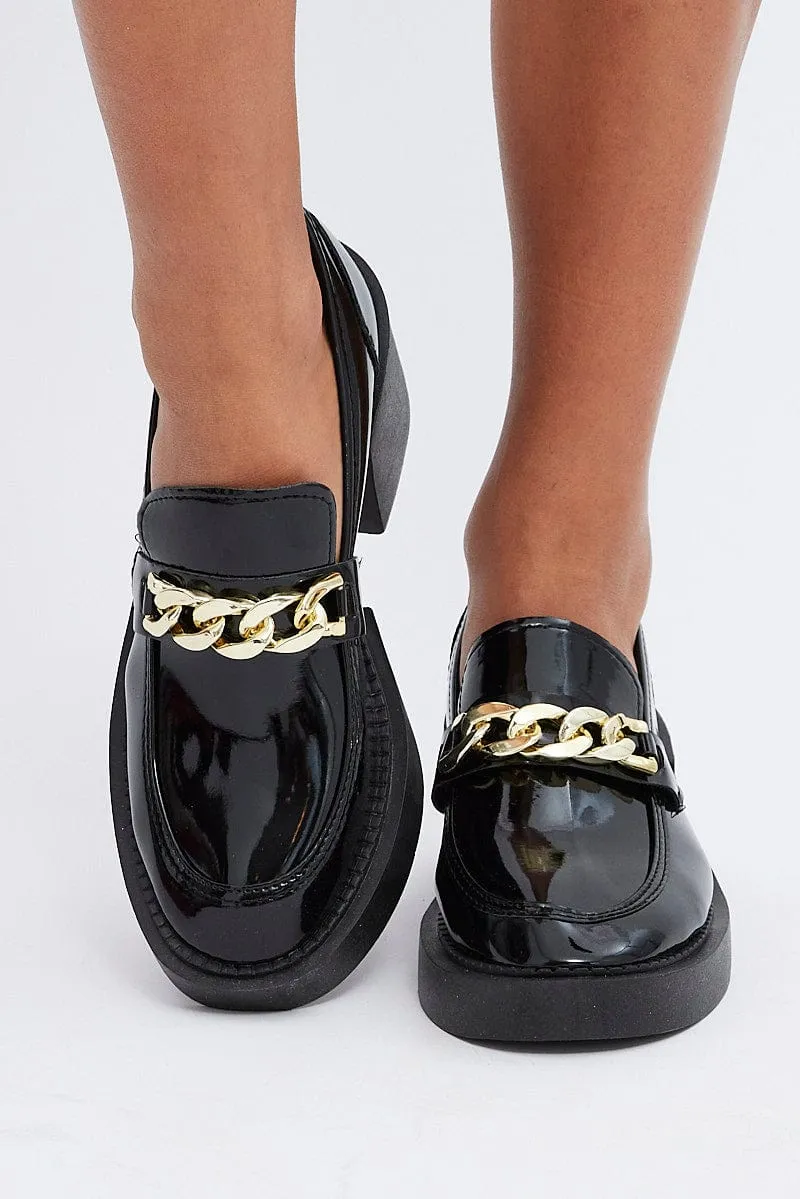 Black Chain Detail Chunky Mid-Heeled Loafers In Patent