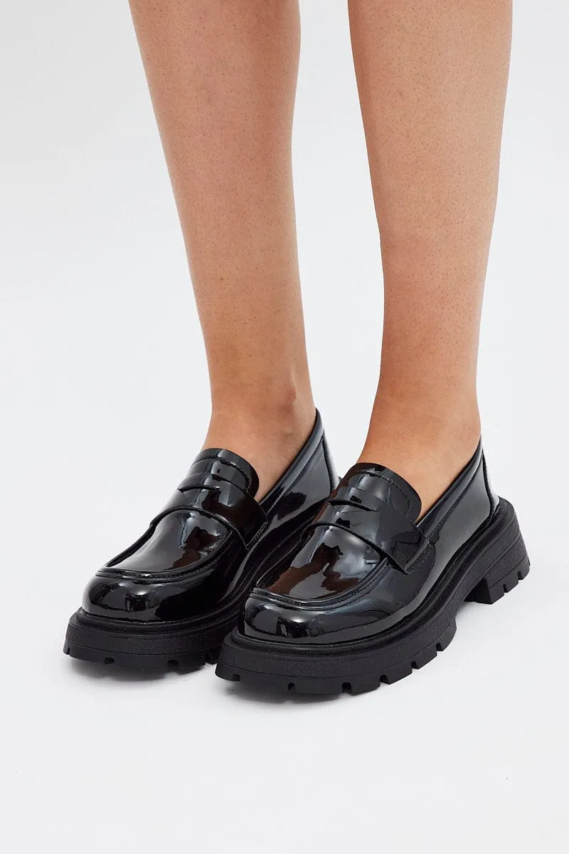 Black Chain Detail Chunky Sole Loafers In Patent