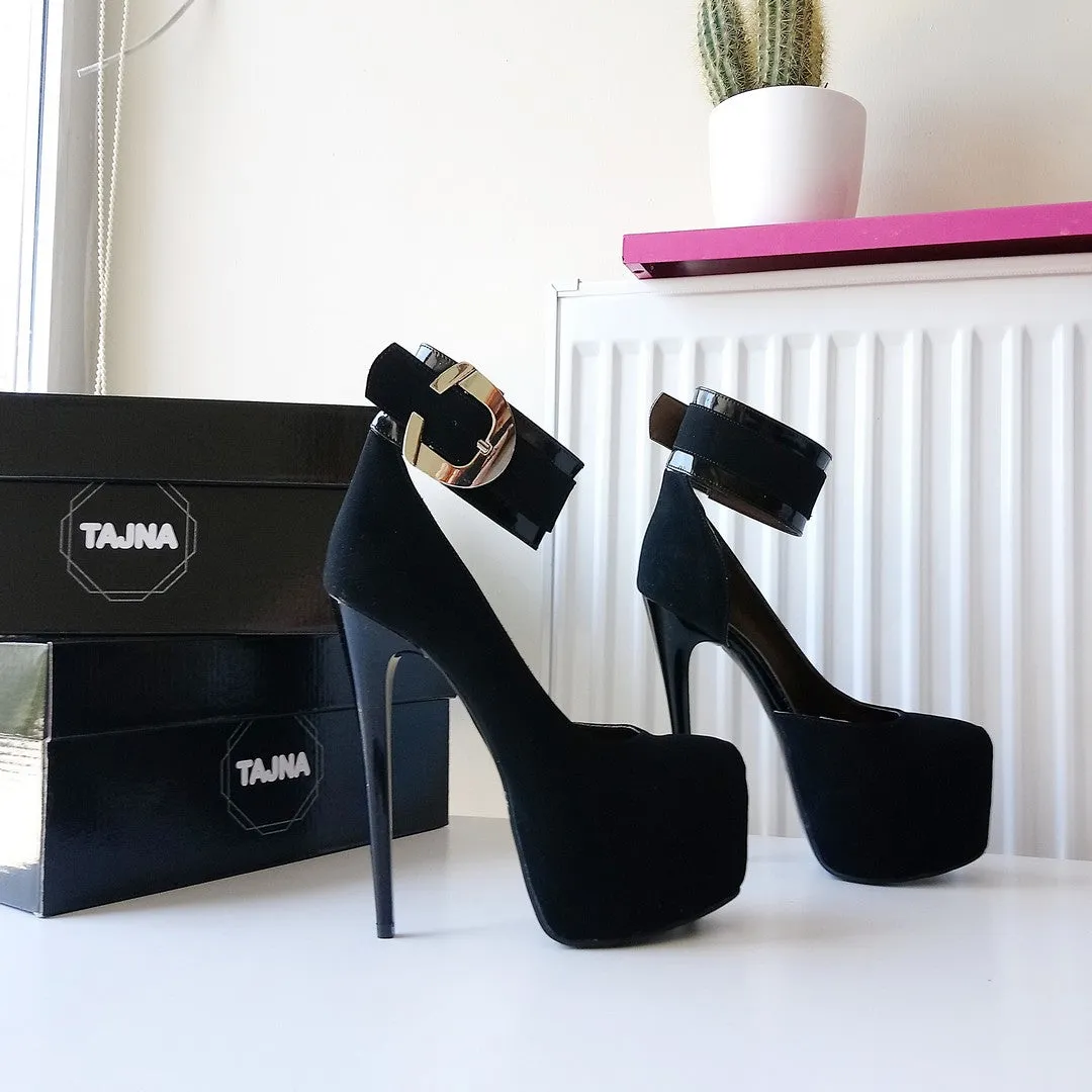 Black Faux Suede Belted Ankle Strap Platform Shoes