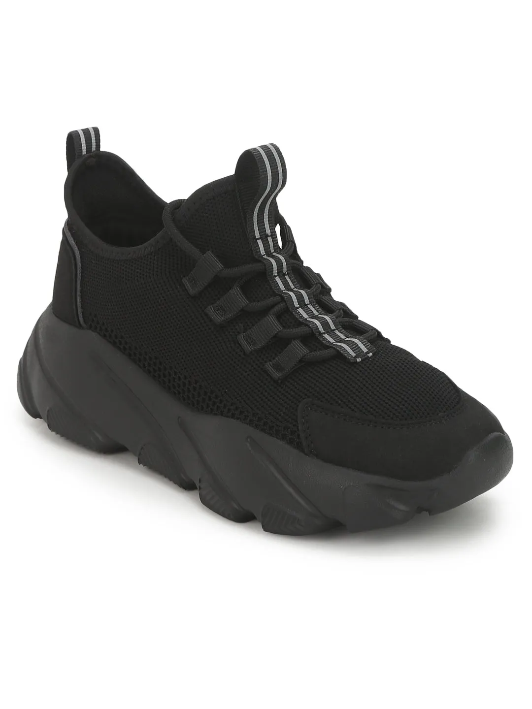 Black Knitted Cleated Bottom Lace-Up Chunky Sneakers