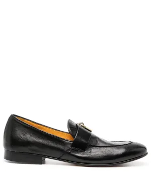 Black Leather Lock Flat Loafer