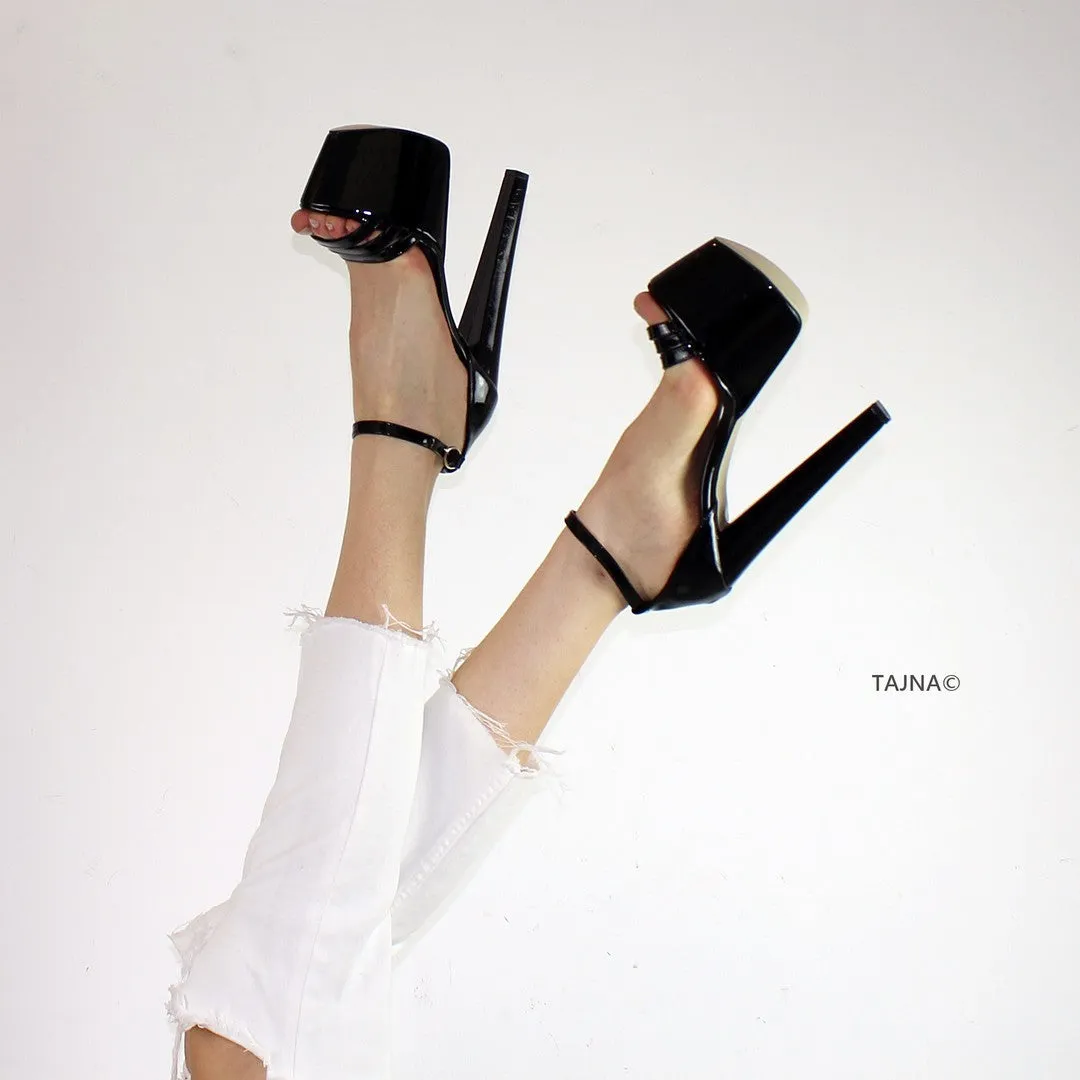 Black Patent Cross Strap Thick Heels