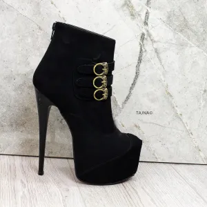 Black Suede Belted Platform Booties