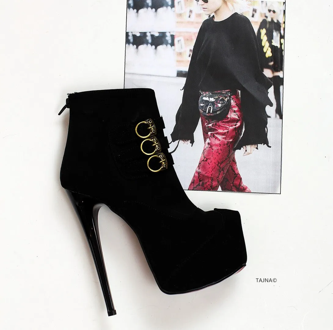 Black Suede Belted Platform Booties