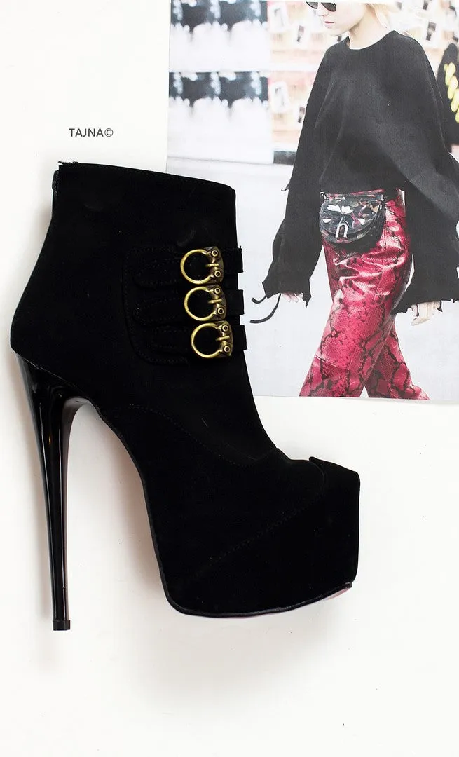 Black Suede Belted Platform Booties