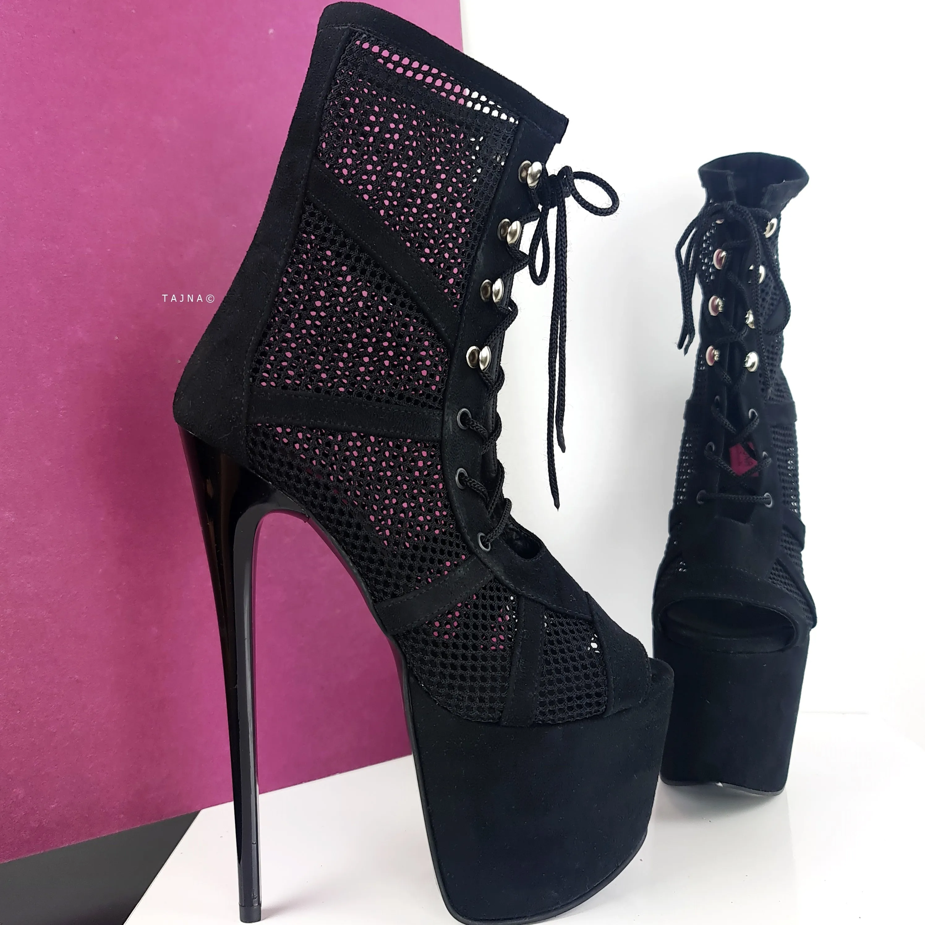 Black Suede Fishnet Lace Up Ankle Boots