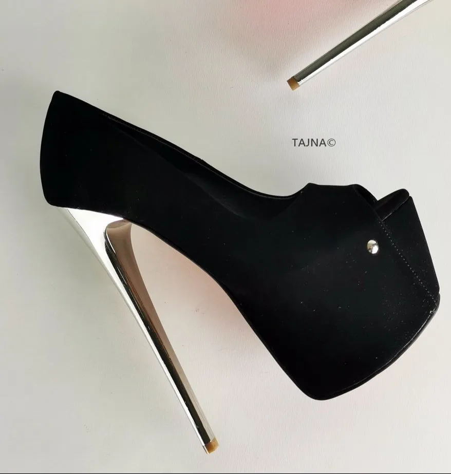 Black Suede Metallic Heels Peep Toe