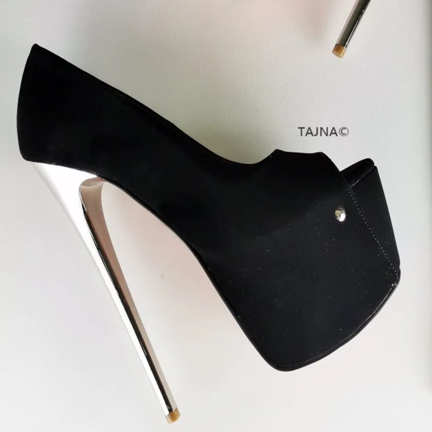 Black Suede Metallic Heels Peep Toe