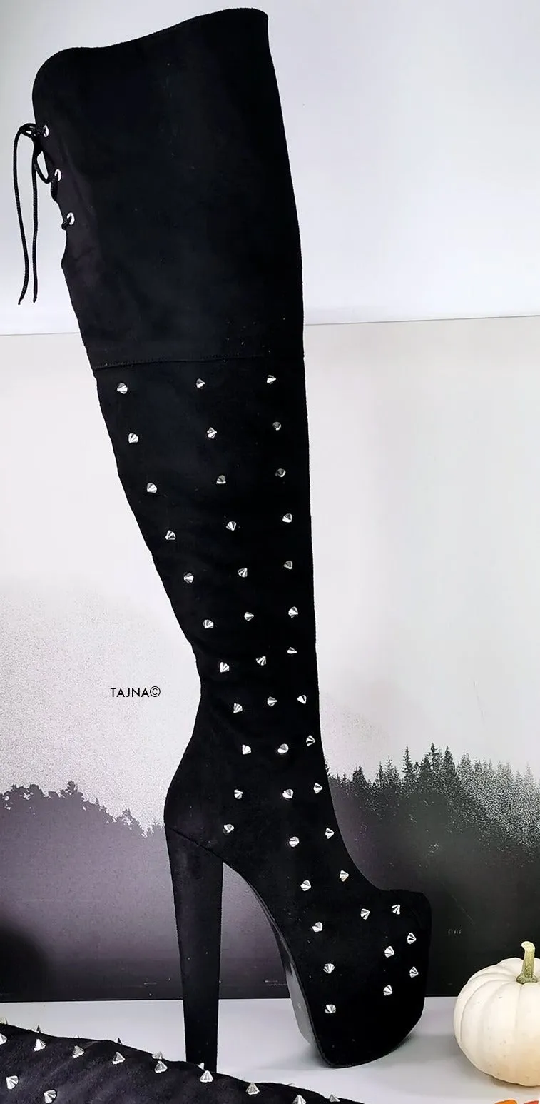 Black Suede Spike Studded Long Boots