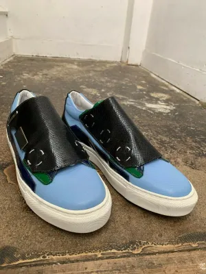 Blue and Black Leather Low Top Trainers