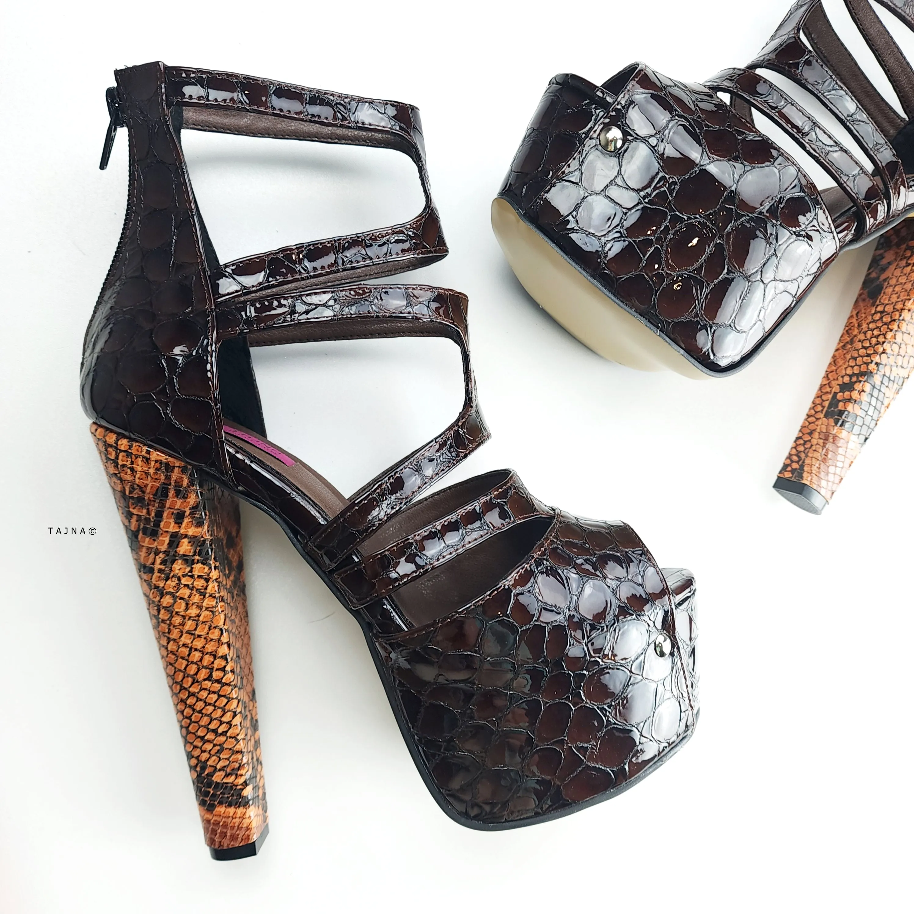 Brown Croco Chunky High Heel Platforms Snake Print Detail