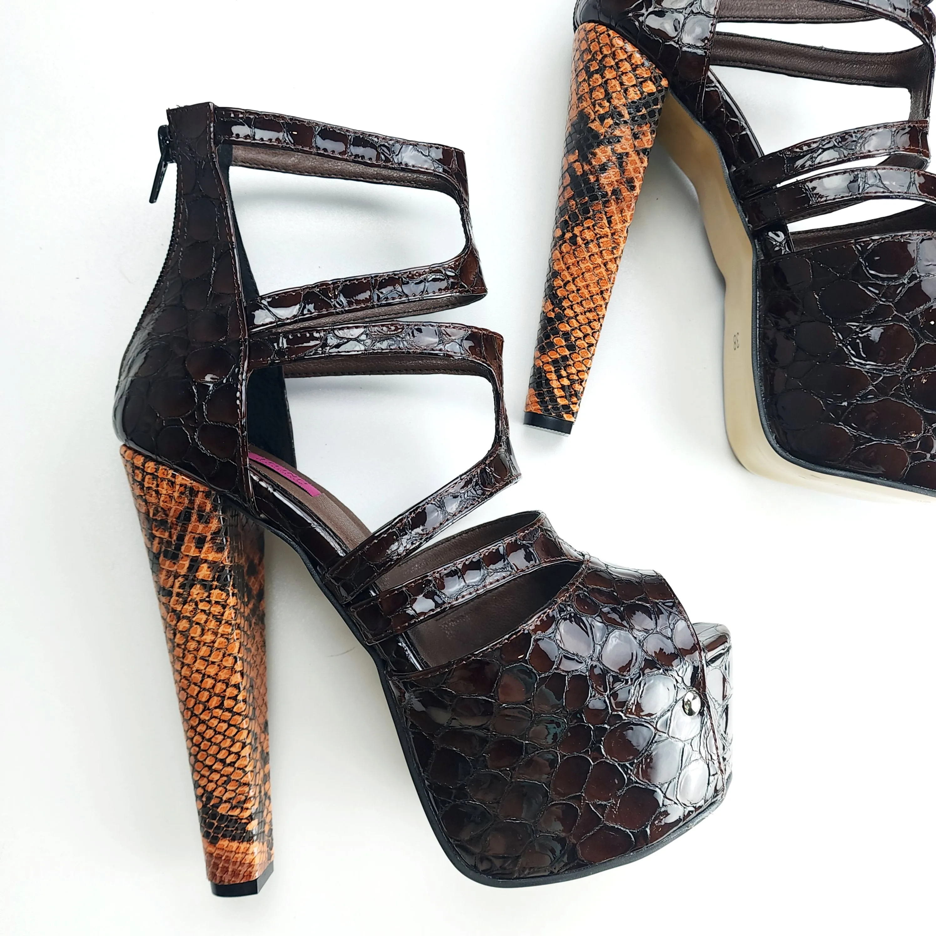 Brown Croco Chunky High Heel Platforms Snake Print Detail