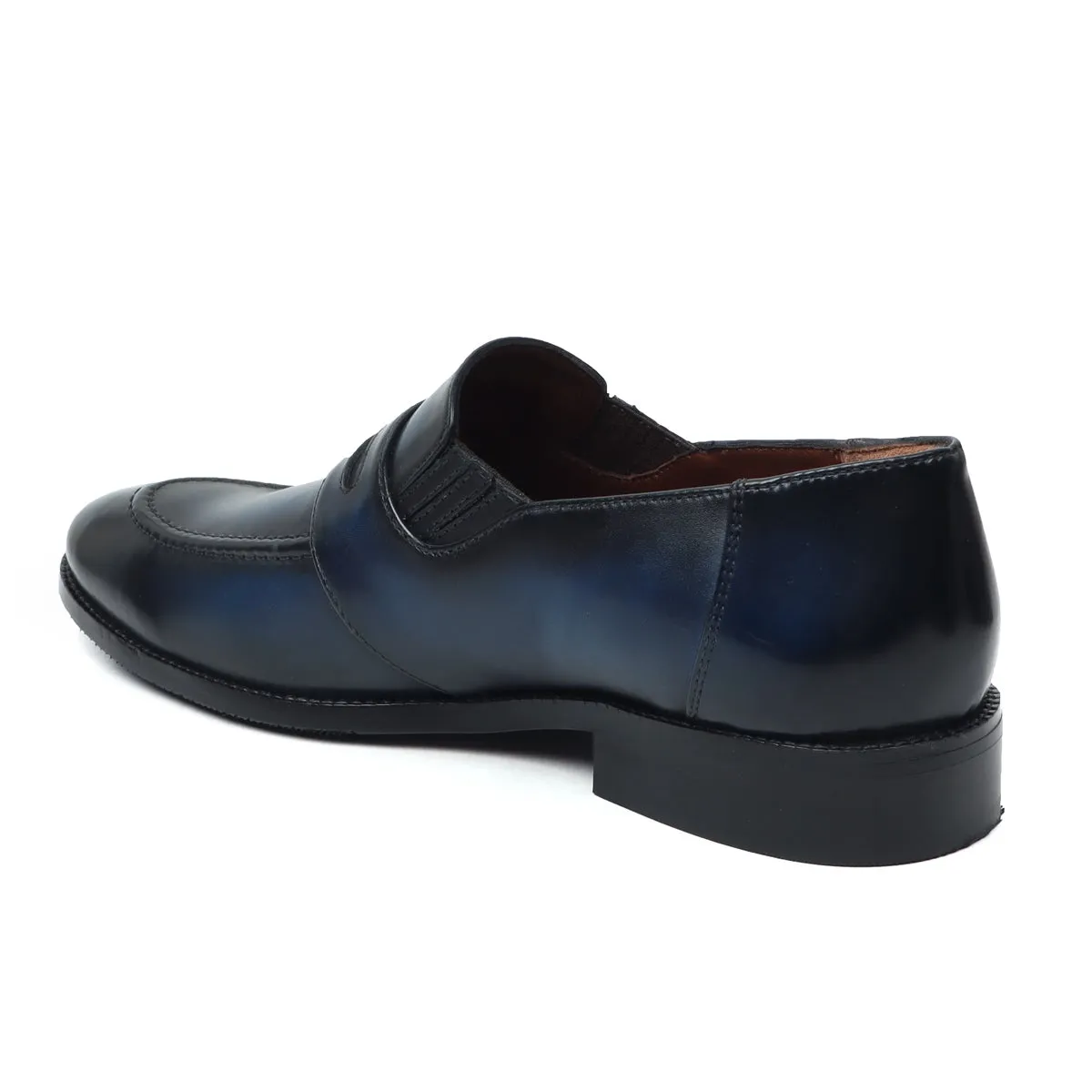 Burnished Darker Blue Penny Loafers in Genuine Leather