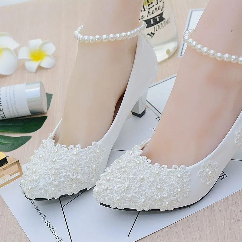 Chic White Bridesmaid Shoes with Pearl Straps and Floral Details