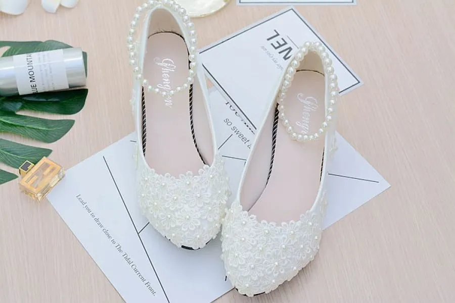 Chic White Bridesmaid Shoes with Pearl Straps and Floral Details