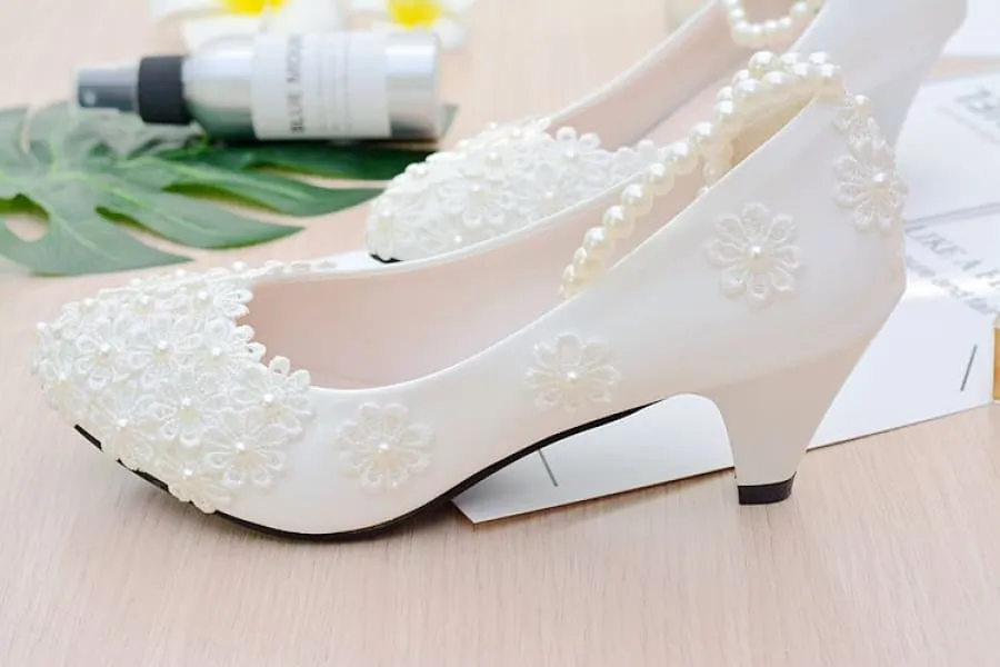 Chic White Bridesmaid Shoes with Pearl Straps and Floral Details