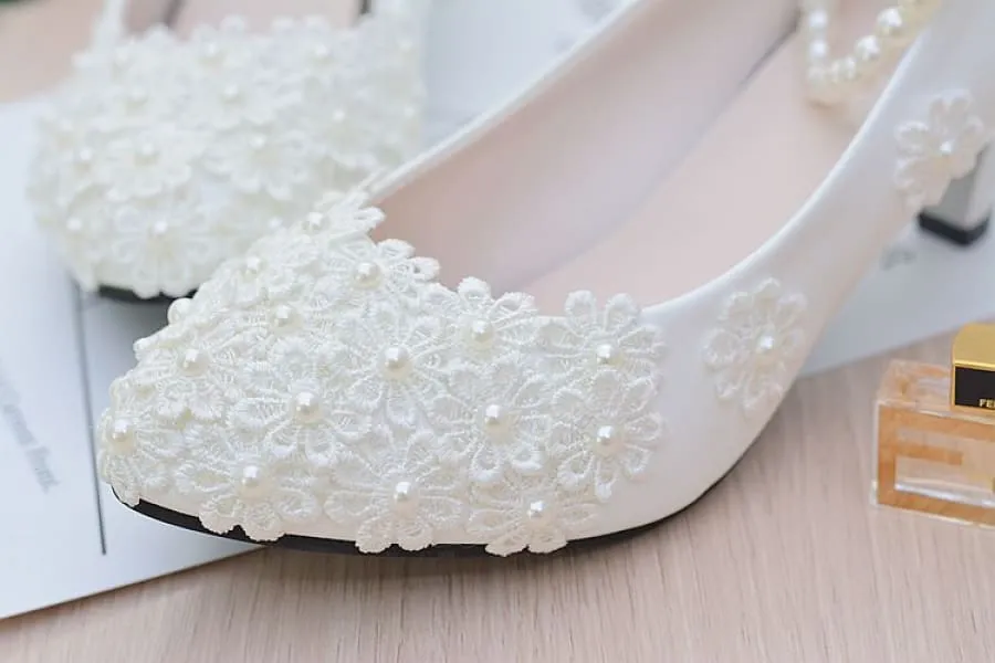 Chic White Bridesmaid Shoes with Pearl Straps and Floral Details