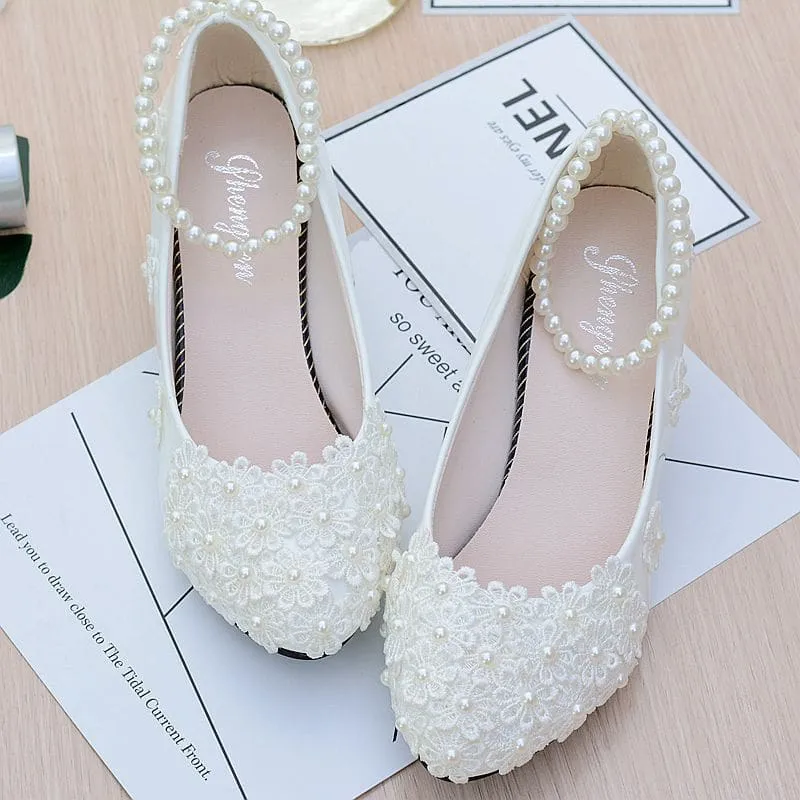 Chic White Bridesmaid Shoes with Pearl Straps and Floral Details