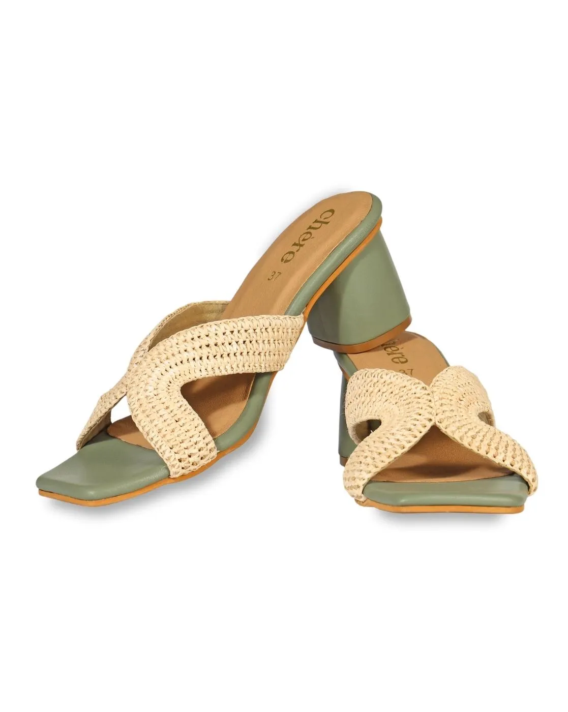 Color block Raffia Strap Block Heels for Women