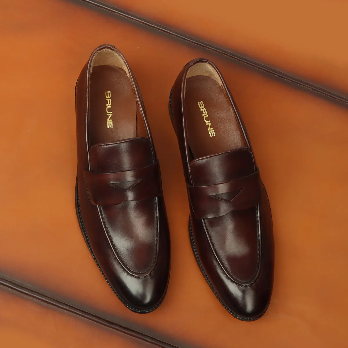 Dark Brown Burnished Leather Penny Loafers with Triangular Cut-Strap By Brune & Bareskin