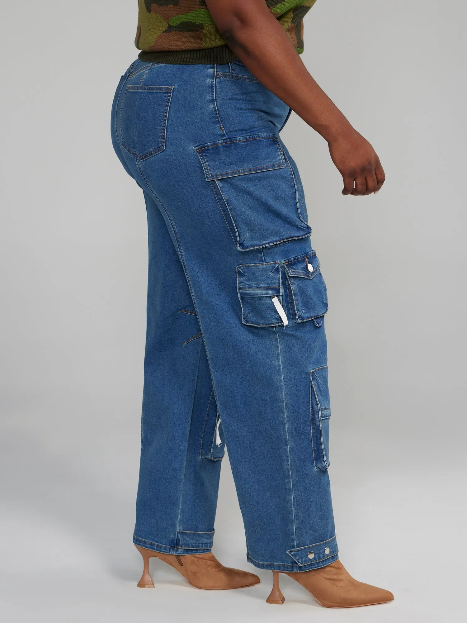 Fashion To Figure - High Rise Straight Leg Denim Cargo Jeans - Tall Inseam