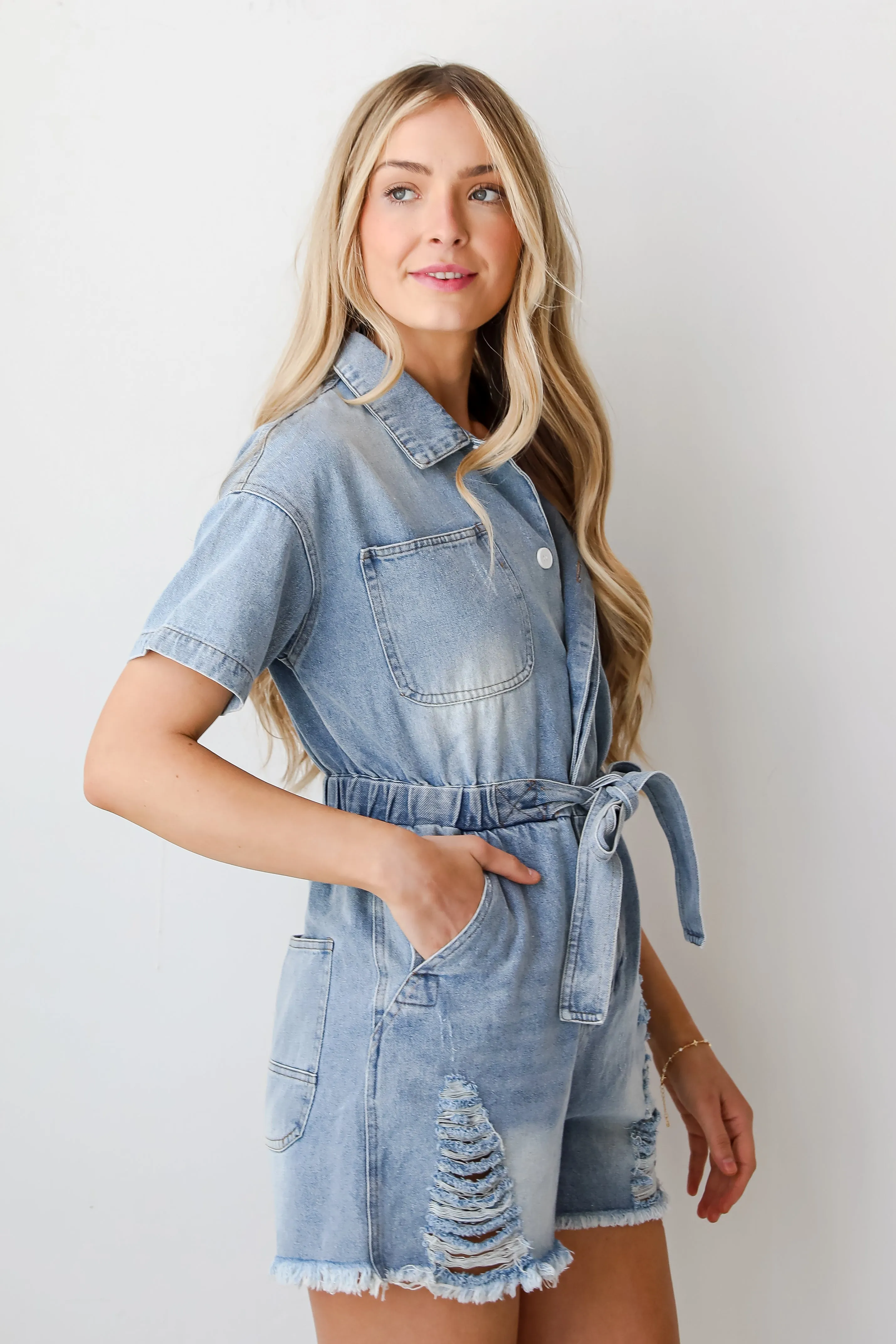 FINAL SALE - Summer Girl Distressed Denim Romper