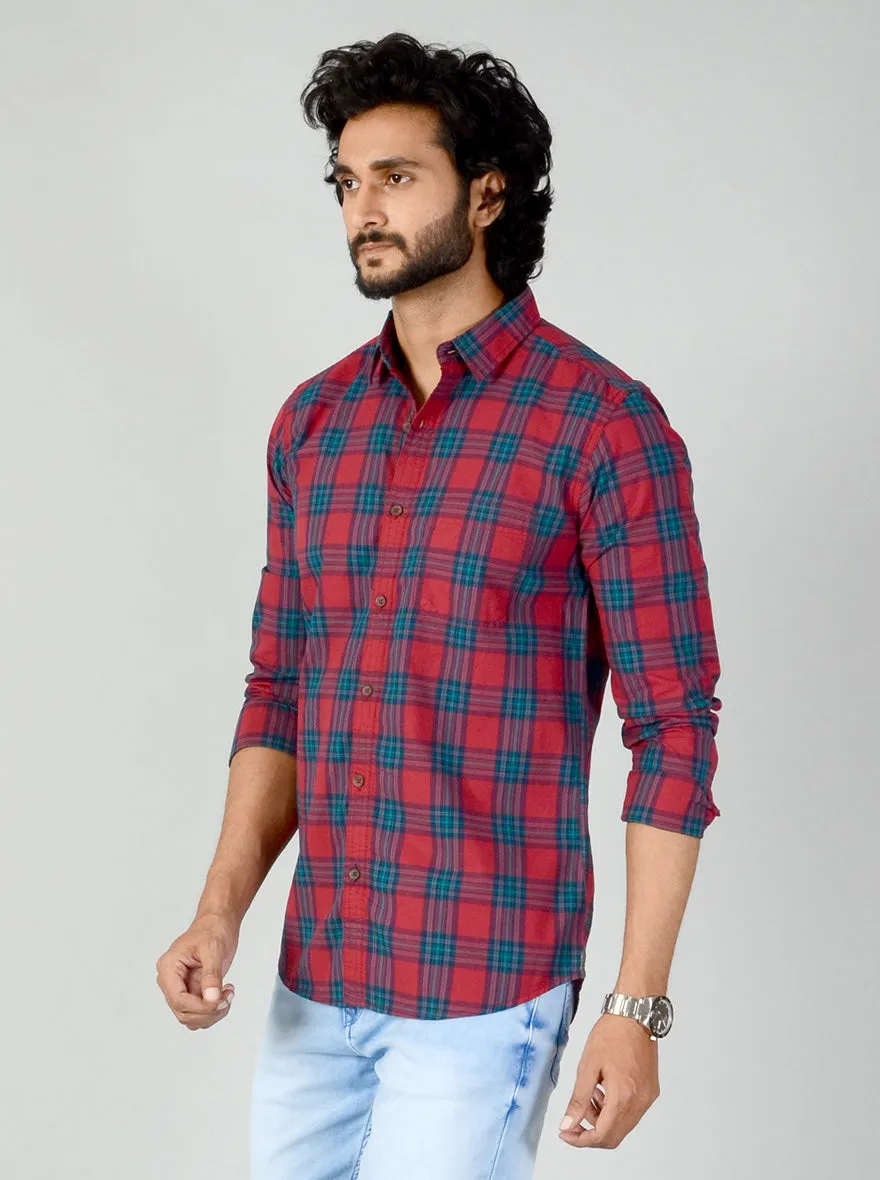 Garnet Red & Blue Checked Slim Fit Casual Shirt | JadeBlue