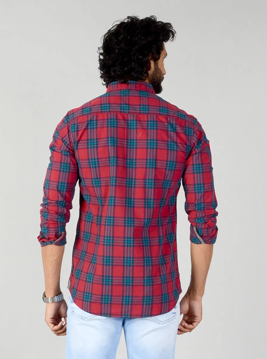 Garnet Red & Blue Checked Slim Fit Casual Shirt | JadeBlue