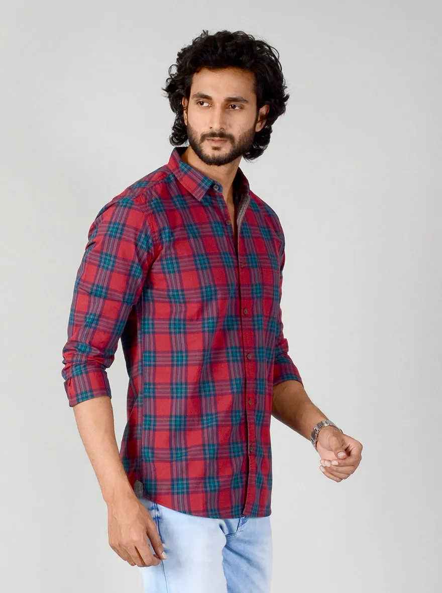 Garnet Red & Blue Checked Slim Fit Casual Shirt | JadeBlue