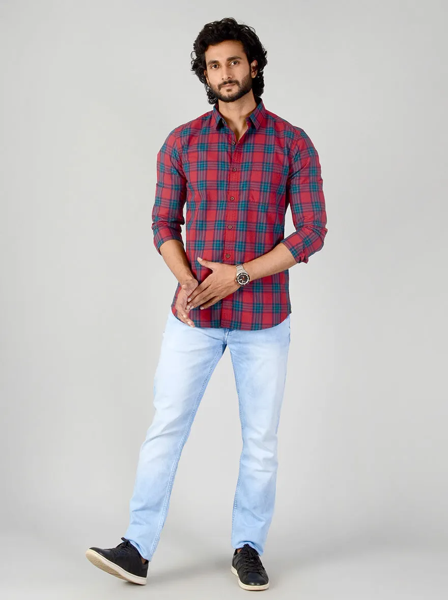 Garnet Red & Blue Checked Slim Fit Casual Shirt | JadeBlue