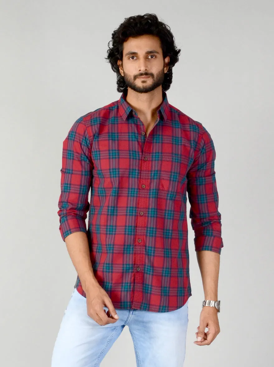 Garnet Red & Blue Checked Slim Fit Casual Shirt | JadeBlue