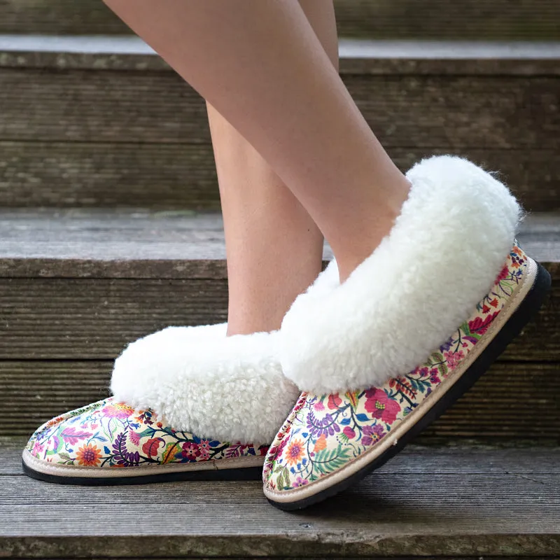 Genuine Leather Sheepskin Slippers - Floral