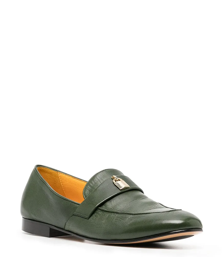 Green Leather  Lock Flat Loafer