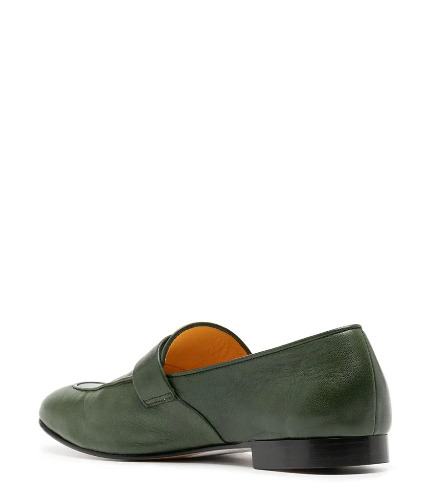 Green Leather  Lock Flat Loafer