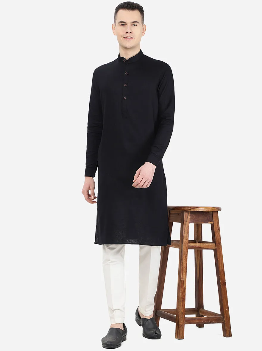 Jet Black Self Textured Regular Fit Modi Kurta | JadeBlue