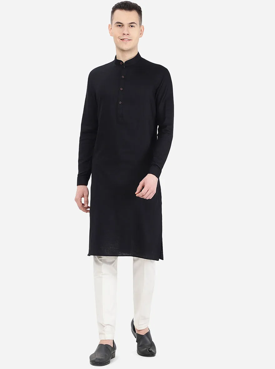 Jet Black Self Textured Regular Fit Modi Kurta | JadeBlue