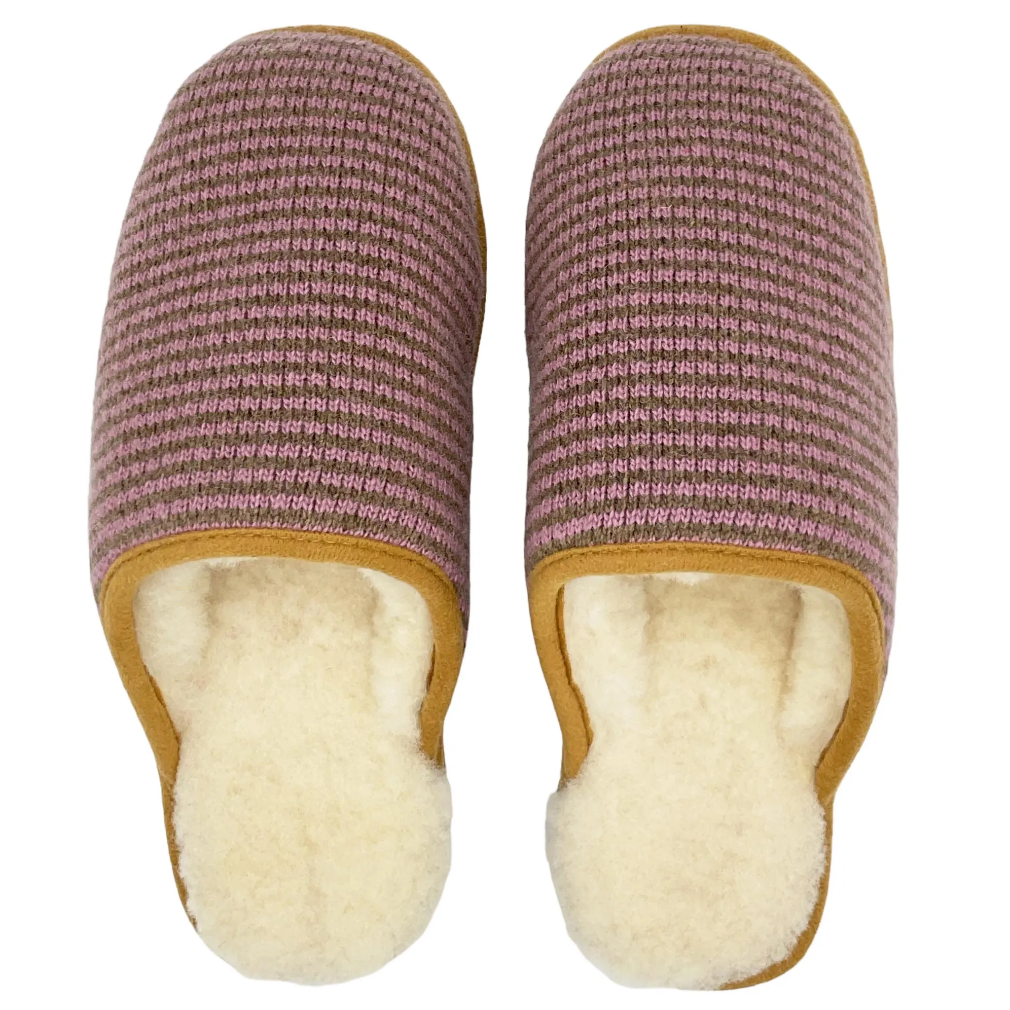 Lilac & Soft Brown Stripe Lambswool & Sheepskin Slippers