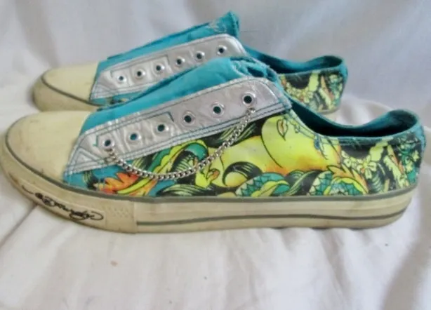 Mens ED HARDY Lowrise Sneaker Trainer Sports Tennis Shoe 13 TURQUOISE BLUE Vegan