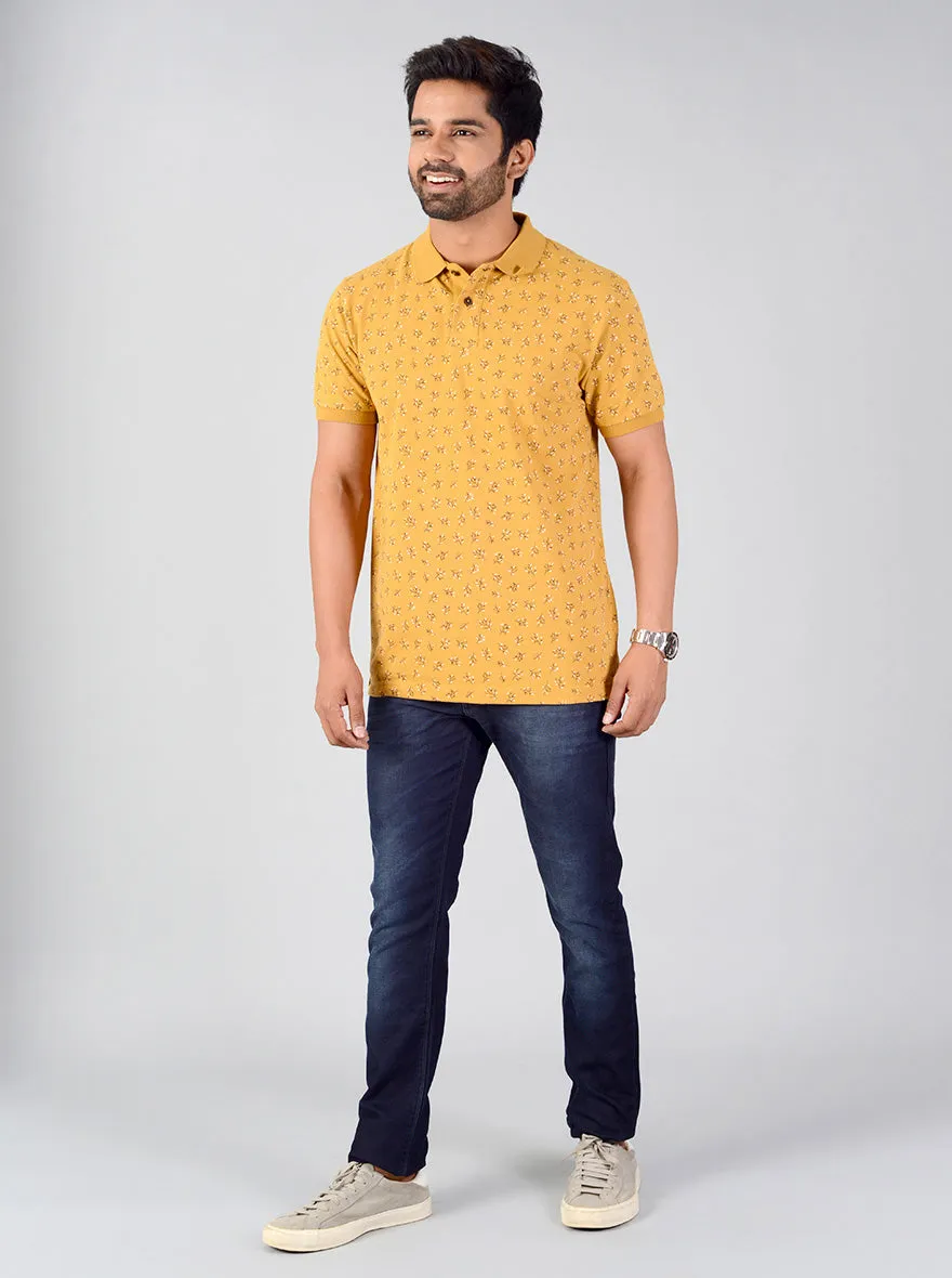 Mustard Brown Printed Slim Fit Polo T-shirt | Greenfibre