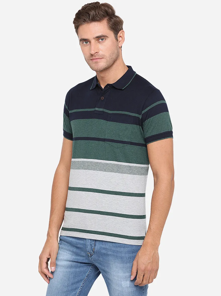 Navy Blue & Green Striped Slim Fit Polo T-Shirt | Greenfibre