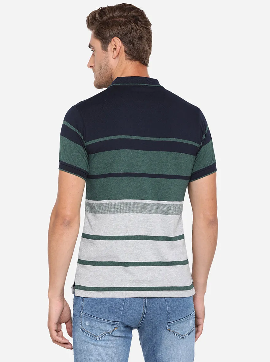 Navy Blue & Green Striped Slim Fit Polo T-Shirt | Greenfibre