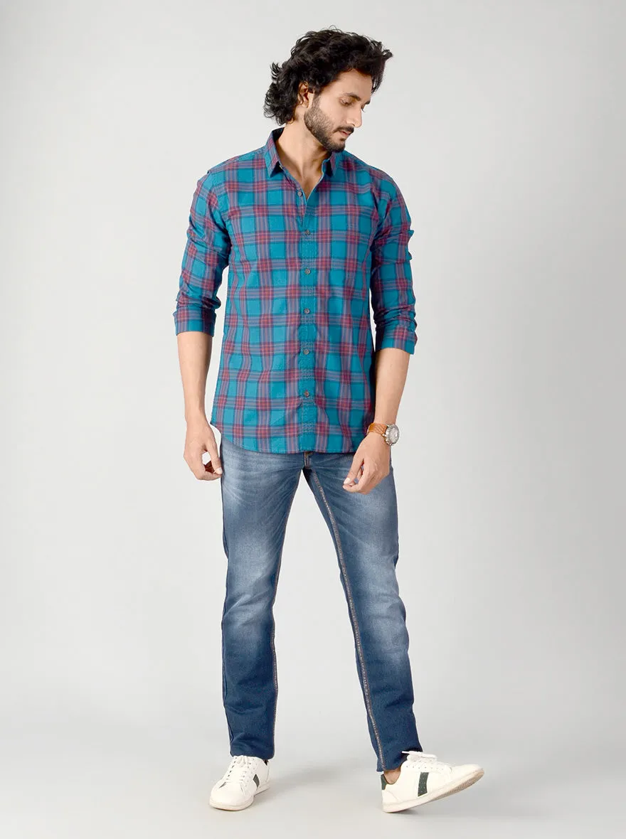 Ocean Blue & Red Checked Slim Fit Casual Shirt | JadeBlue