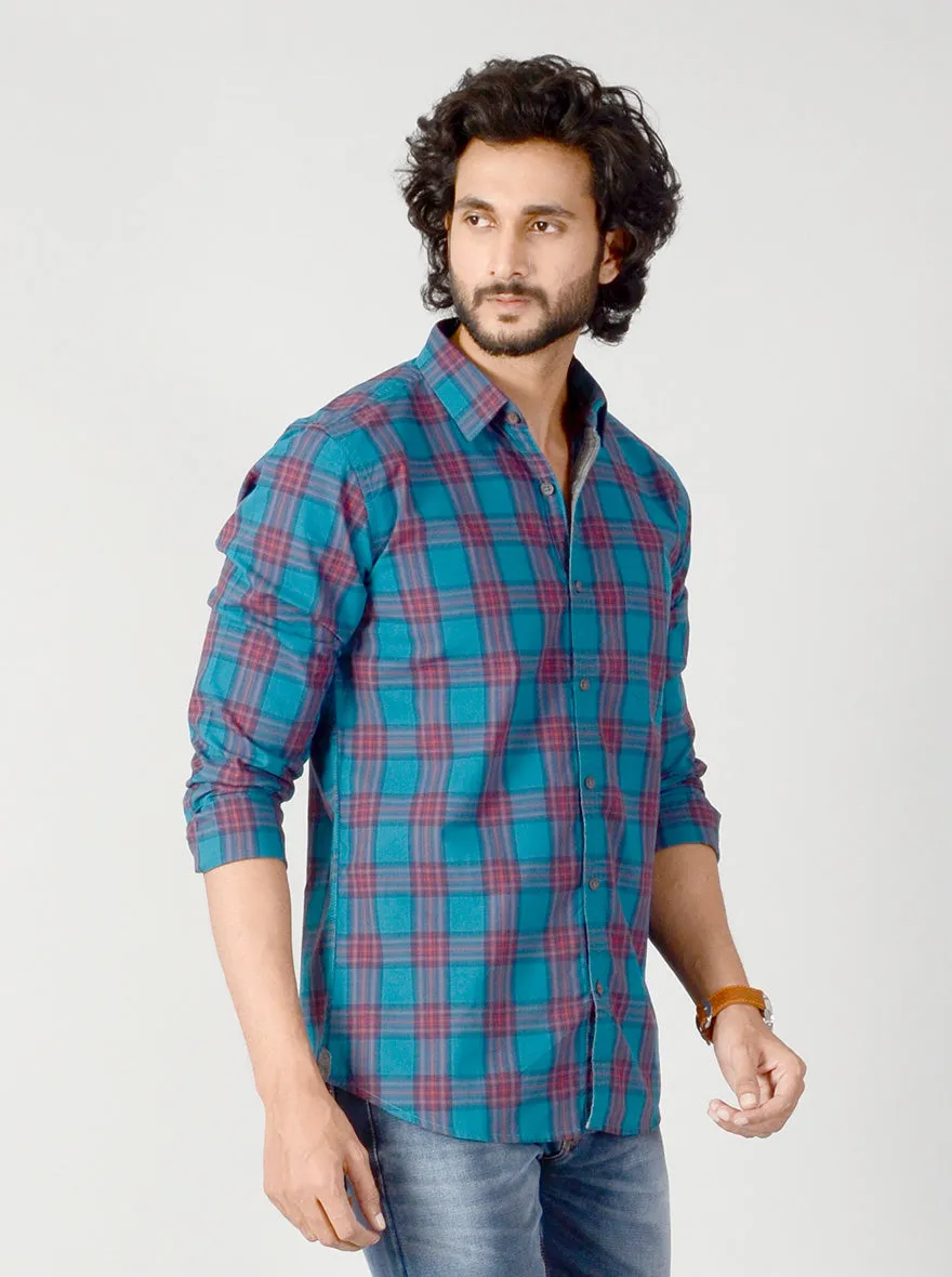 Ocean Blue & Red Checked Slim Fit Casual Shirt | JadeBlue