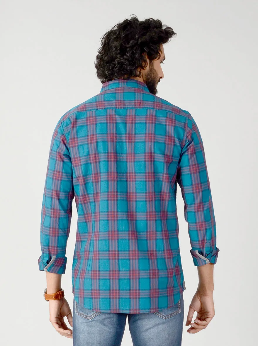 Ocean Blue & Red Checked Slim Fit Casual Shirt | JadeBlue