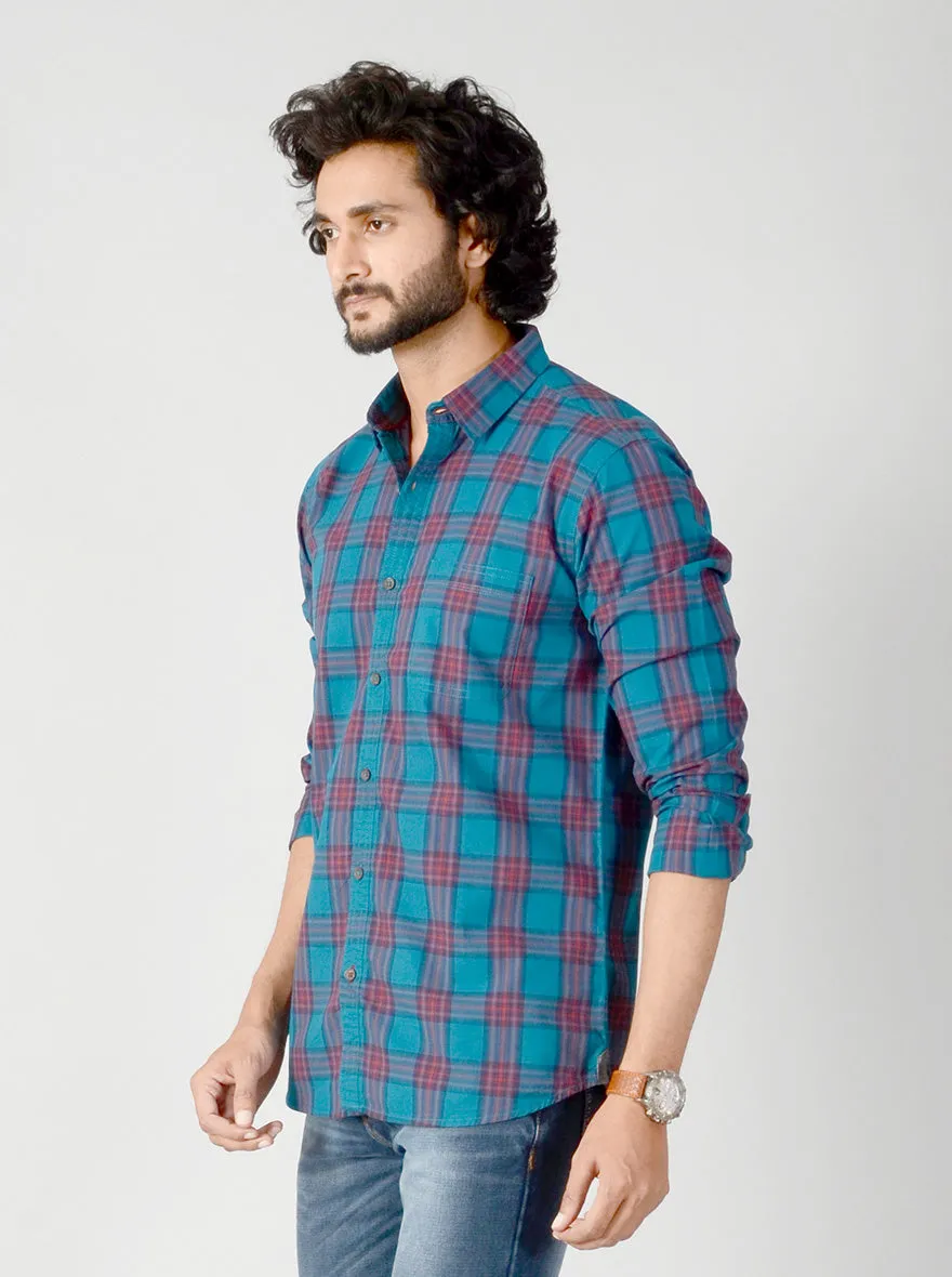 Ocean Blue & Red Checked Slim Fit Casual Shirt | JadeBlue