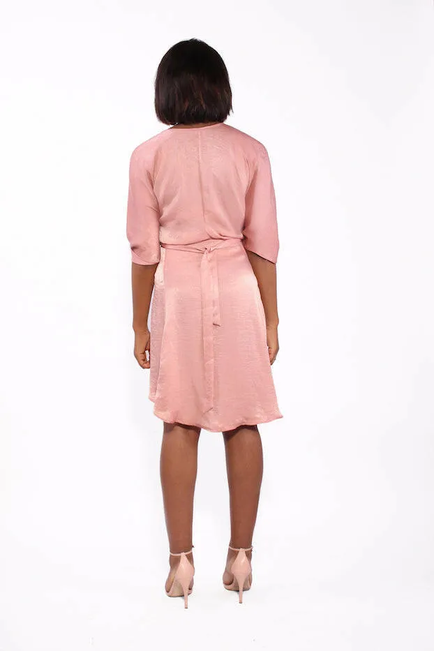 Pink Satin Wrap Kimono Dress